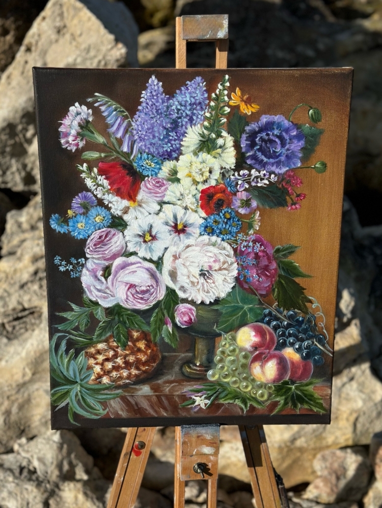 Картина "Голландский натюрморт с цветами в вазе" маслом 40х50