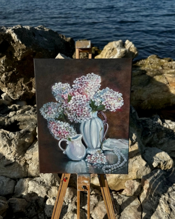 Картина "Гортензии в вазе" маслом 40х50 см